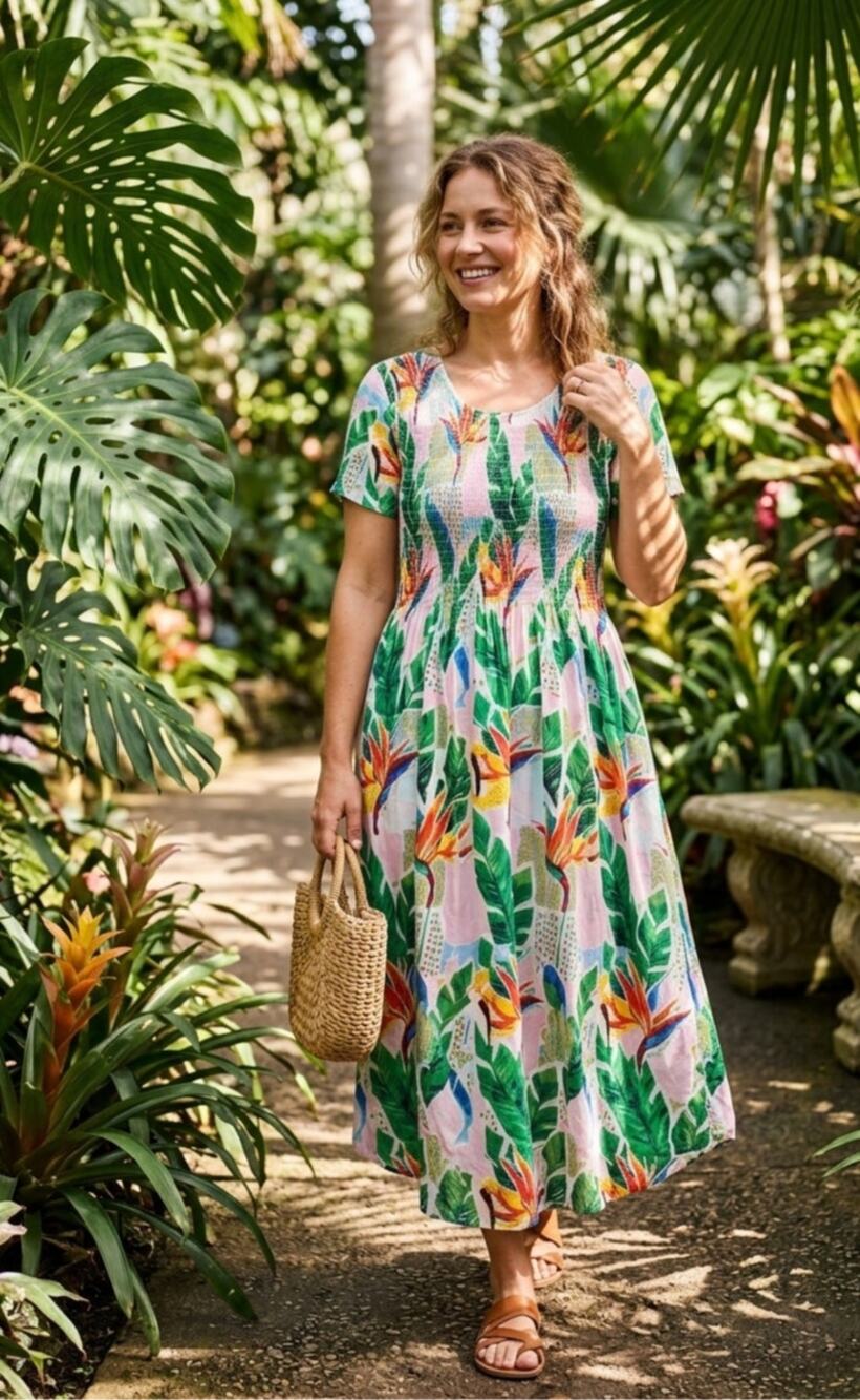 National Dress Womens Sz M Midi Floral Smocked MuuMuu A Line Boho Vtg